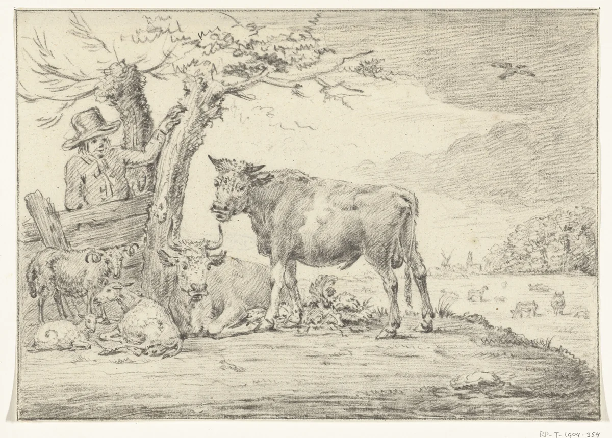 Boer staande bij een hek met vee by Jean Bernard, drawing, 1775-1833