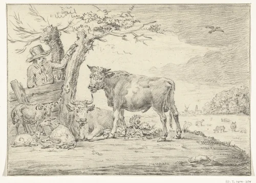 Boer staande bij een hek met vee by Jean Bernard, drawing, 1775-1833