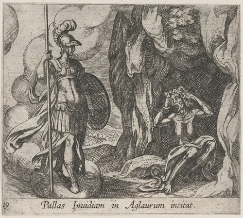 Plate 19: Minerva at Envy's Cave (Pallas Invidiam in Aglaurum incitat), from Ovid's 'Metamorphoses' by Antonio Tempesta, print, 1606
