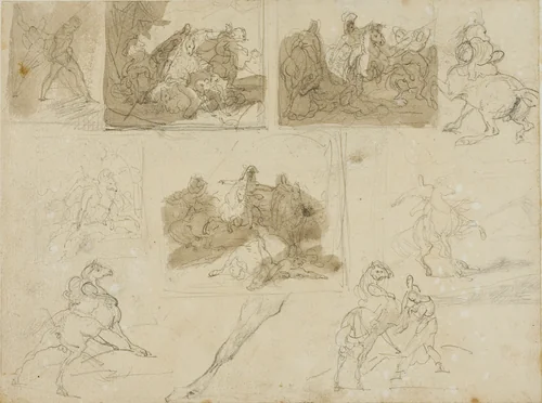 Sketches of a Cavalry Battle and Studies of a Draught Horse by Jean Louis André Théodore Géricault, drawing, 1813-1814
