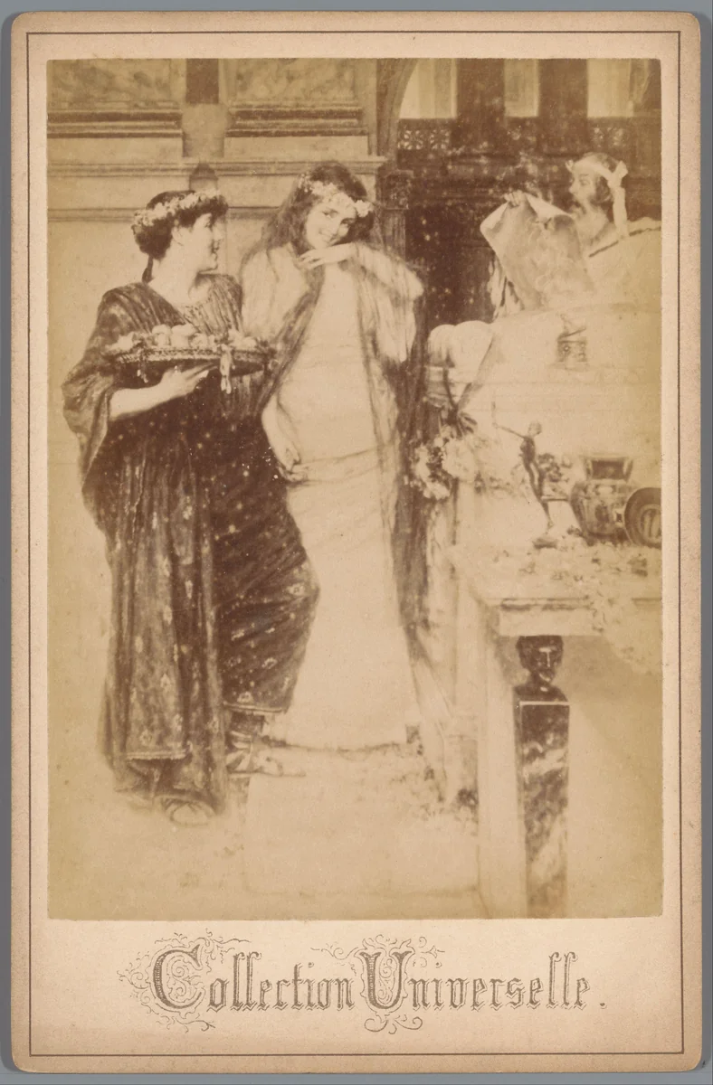 Fotoreproductie van een schilderij van twee vrouwen met bloemenkransen, mogelijk van Lourens Alma Tadema by anonymous, photograph, 1880-1900
