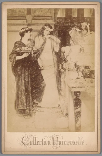 Fotoreproductie van een schilderij van twee vrouwen met bloemenkransen, mogelijk van Lourens Alma Tadema by anonymous, photograph, 1880-1900