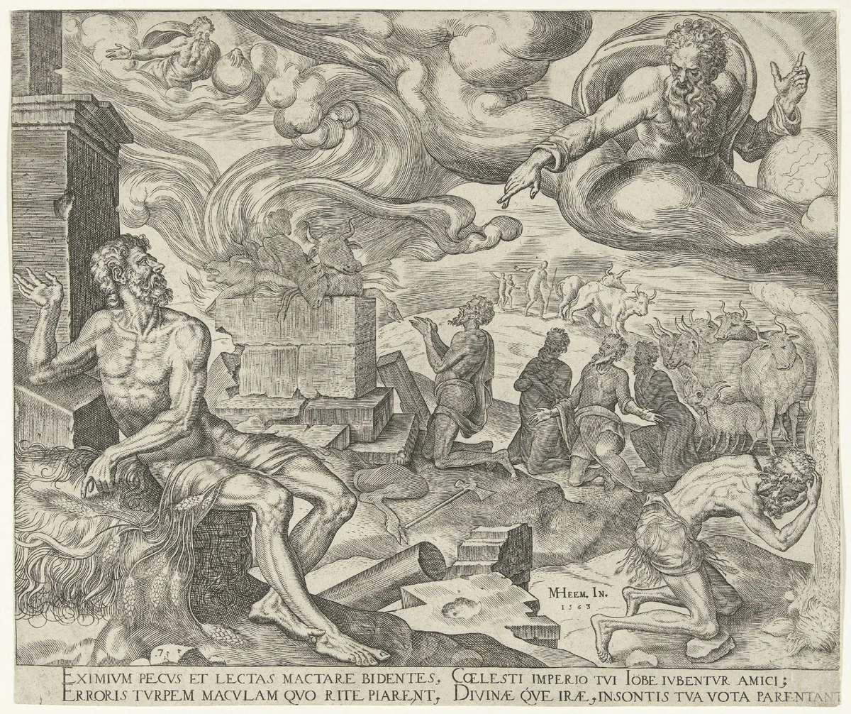 God spreekt tot Job by Philips Galle, print, 1563