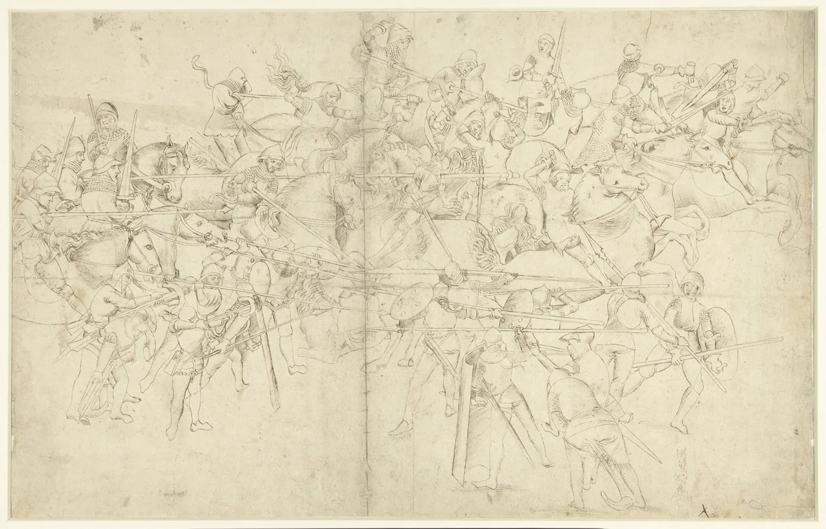 Gevecht van ruiterij tegen voetvolk by anonymous, drawing, 1500