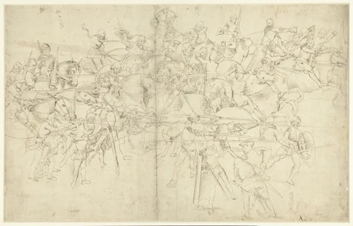 Gevecht van ruiterij tegen voetvolk by anonymous, drawing, 1500