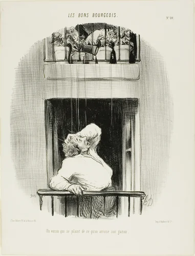 A Neighbour Complaining about the Watering of his Lawn, plate ten from Les Bons Bourgeois by Honoré-Victorin Daumier, print, 1846