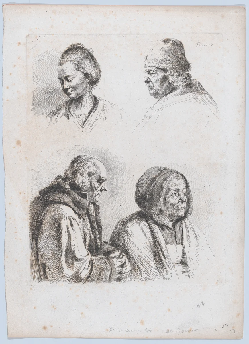 Study of Four Heads by Jean Jacques de Boissieu, print, 1770