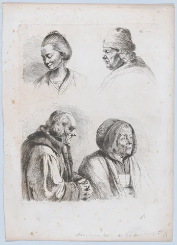 Study of Four Heads by Jean Jacques de Boissieu, print, 1770