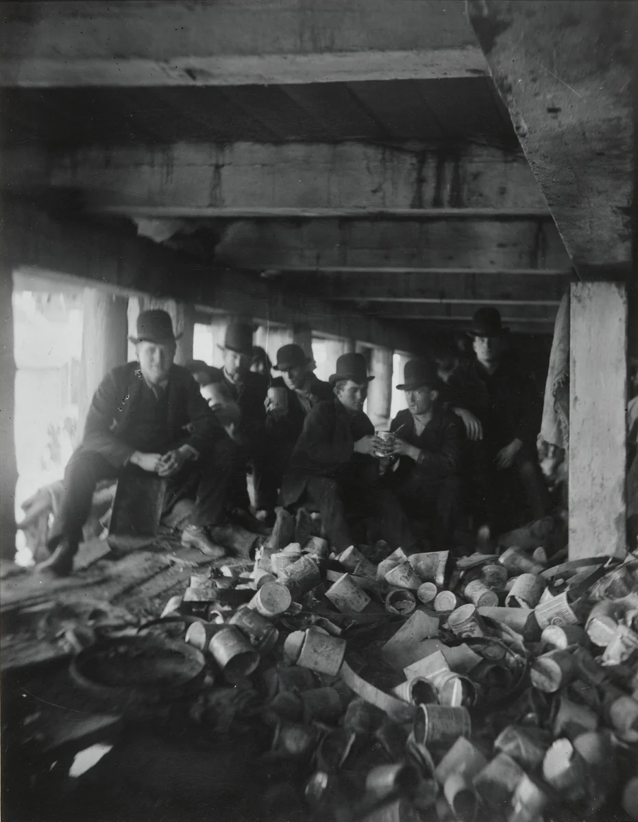 The Short Tail Gang. Corlears Hook under the Pier at the foot of Jackson Street by Jacob August Riis, photograph, 1889