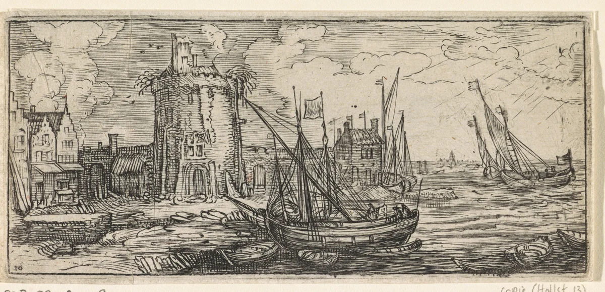 Aangemeerde schepen in de haven, nabij een ronde toren by anonymous, print, 1614-1664