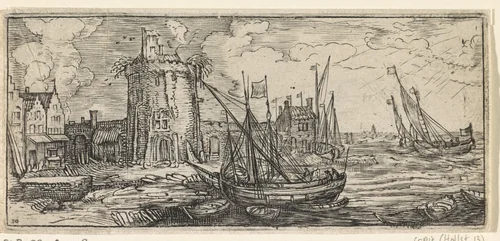 Aangemeerde schepen in de haven, nabij een ronde toren by anonymous, print, 1614-1664