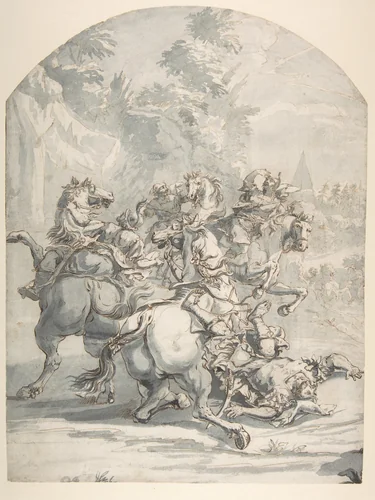 Cavalry Engagement by Francesco Monti, drawing, 1646-1712