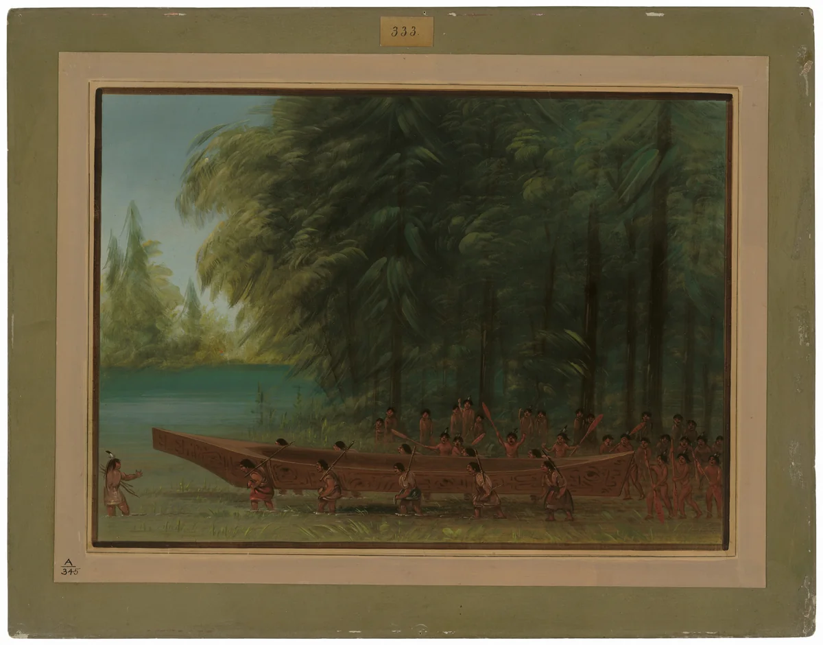 Launching a Canoe - Nayas Indians by George Catlin, painting, 1855-1869