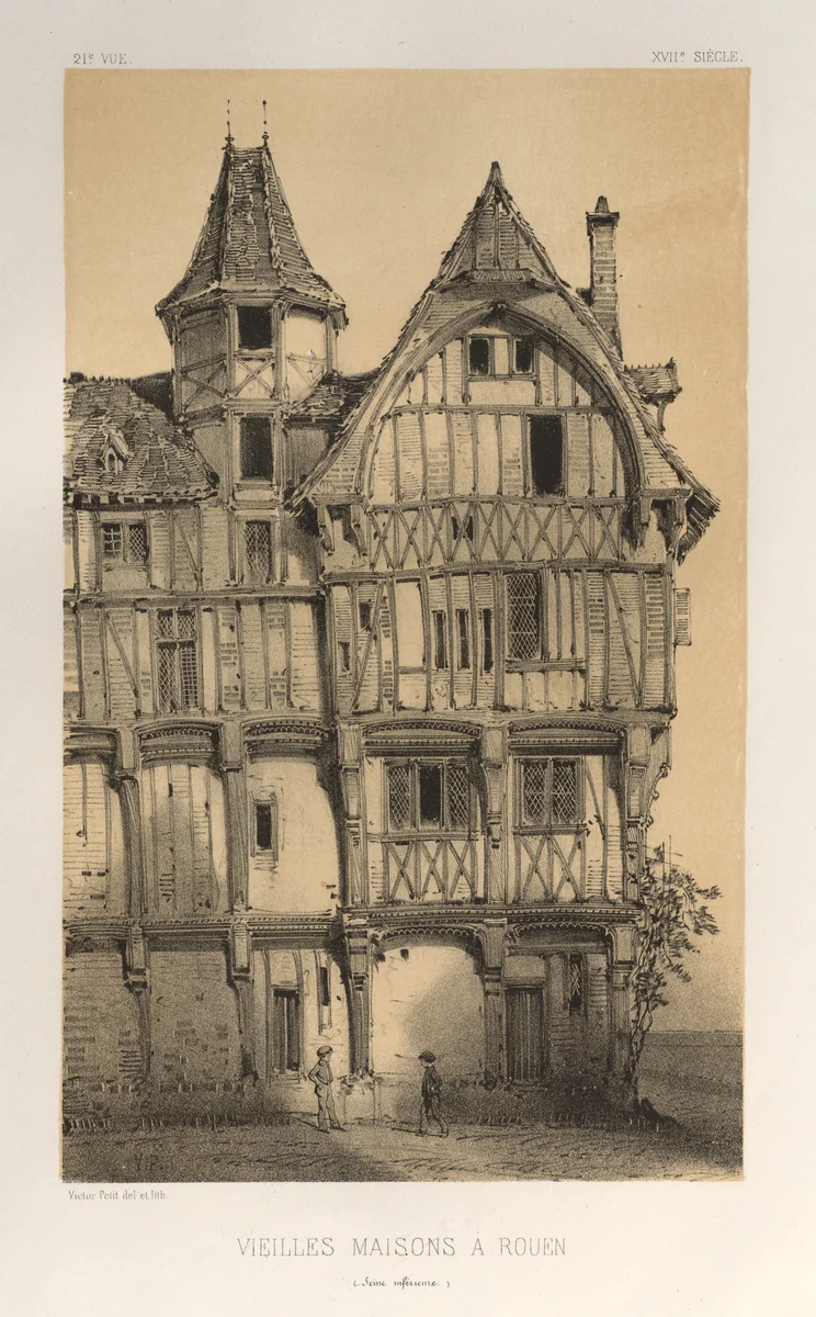 Architecture Pittoresque ou Monuments des xveme. Et xvieme. Siecles: Chateaux De France des XV et XVI Siecles: Pl. 21, Vielles Maisons A Rouen (Seine-Inferieure) by Victor Petit, print, 1860