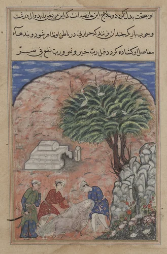 The suitors take the devotee’s daughter out of her tomb after breaking it open, when the physician discovers she is still alive, from a Tuti-nama (Tales of a Parrot): Twentieth Night by Unknown, painting, 1555-1565