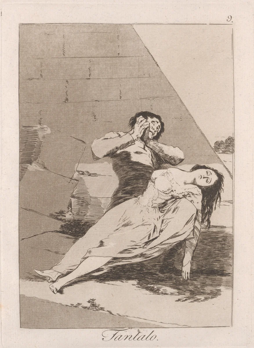 Plate 9 from "Los Caprichos": Tantalus (Tantalo) by Goya, print, 1799