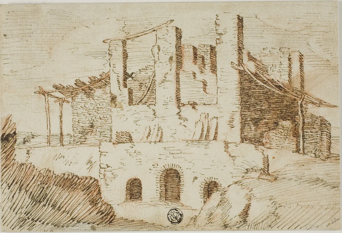 Ruins with Farm Shed by Unknown Artist, drawing, 1595-1605