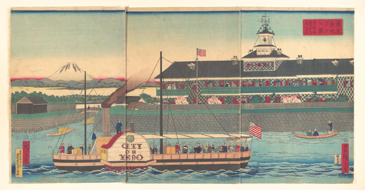 The Tsukiji Hotel in Tokyo (Tokyo Tsukiji hoteru kan) by Utagawa Hiroshige III, print, 1870