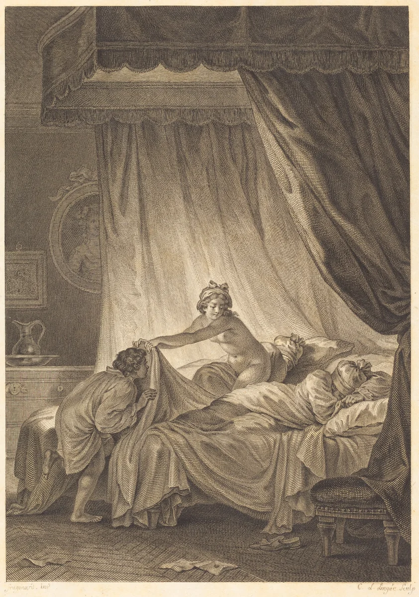 Joconde: Le lit by Charles Louis Lingée, Jean Honoré Fragonard, print, 1748-1819