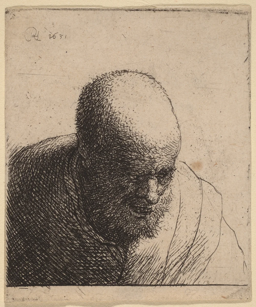 Bald Man with Open Mouth, Looking Down by Rembrandt van Rijn, print, 1630