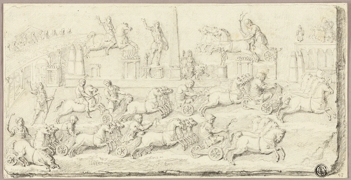 Roman Chariot Race (After Antique Bas Relief) by Sébastien Le Clerc, drawing, 1600-1699