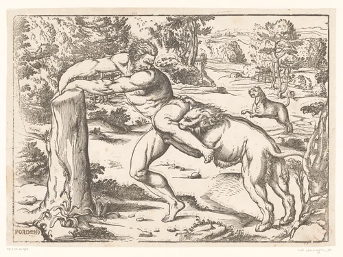 Milo van Croton aangevallen door een leeuw by Unknown, print, 1540