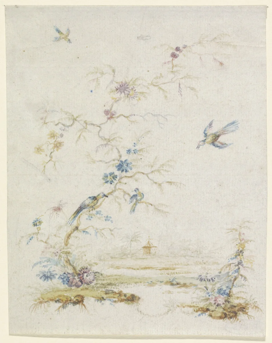 Boom met vogels by anonymous, drawing, 1600-1800
