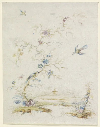 Boom met vogels by anonymous, drawing, 1600-1800
