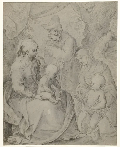 Heilige familie met Elizabeth en Johannes de Doper by Paulus Willemsz. van Vianen, drawing, 1580-1610