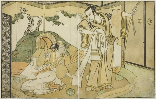 The Actors Nakamura Nakazo I as Taira no Kiyomori (right), and Yamashita Kinsaku II as Tokiwa Gozen (left), in the Play Nue no Mori Ichiyo no Mato, Performed at the Nakamura Theater in the Eleventh Month, 1770 by Katsukawa Shunsho (勝川 春章), print, 1767-1777