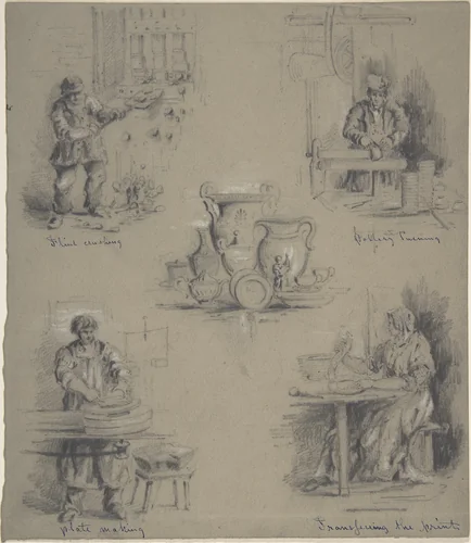 Five drawings showing the manufacture of china by anonymous, drawing, 1800-1900