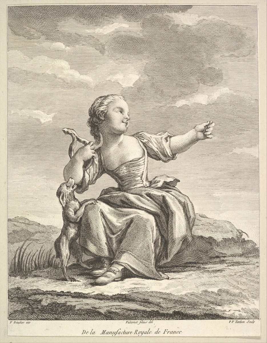 Little girl playing with a dog, from Deuxième Livre de Figures d'après les porcelaines de la Manufacture Royale de France (Second Book of Figures after porcelains from the Manufacture Royale de France) by Pierre François Tardieu, print, 1757-1771