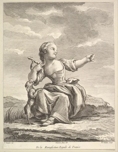 Little girl playing with a dog, from Deuxième Livre de Figures d'après les porcelaines de la Manufacture Royale de France (Second Book of Figures after porcelains from the Manufacture Royale de France) by Pierre François Tardieu, print, 1757-1771