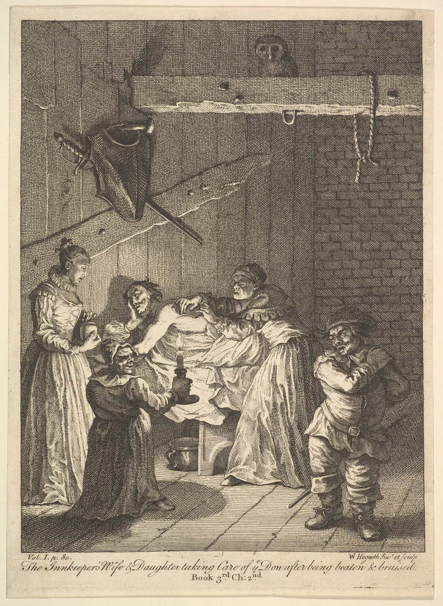 The Innkeeper's Wife and Daughter Taking Care of ye Don after Being Beaten and Bruised (Six Illustrations for Don Quixote) by William Hogarth, print, 1756
