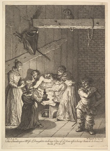 The Innkeeper's Wife and Daughter Taking Care of ye Don after Being Beaten and Bruised (Six Illustrations for Don Quixote) by William Hogarth, print, 1756