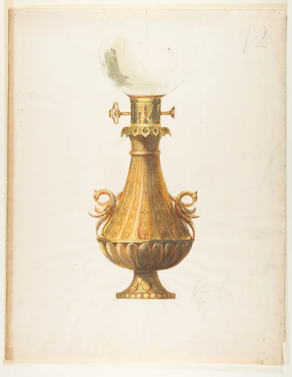 Design for a Gas Lamp with Gilt Base and Glass Globe by Guérard, drawing, 1800-1900