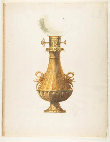 Design for a Gas Lamp with Gilt Base and Glass Globe by Guérard, drawing, 1800-1900