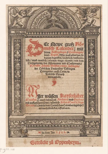 Architecturale omlijsting met twee putti by anonymous, print, 1522