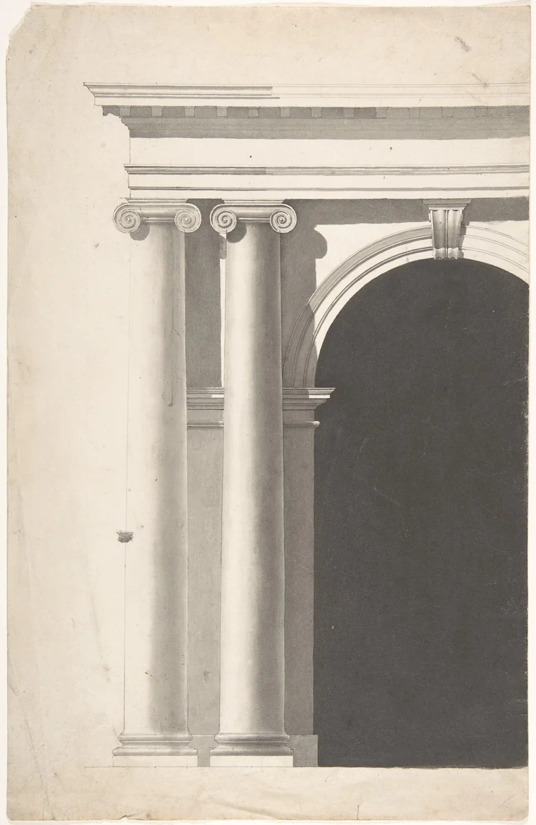 Architectural Portal with Paired Planking Ionic Columns (only left-hand columns and part of arched opening shown) by anonymous, drawing, 1780-1850