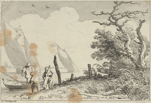 River Landscape with Three Fisherman by Jean Jacques Le Veau, print, 1729-1785