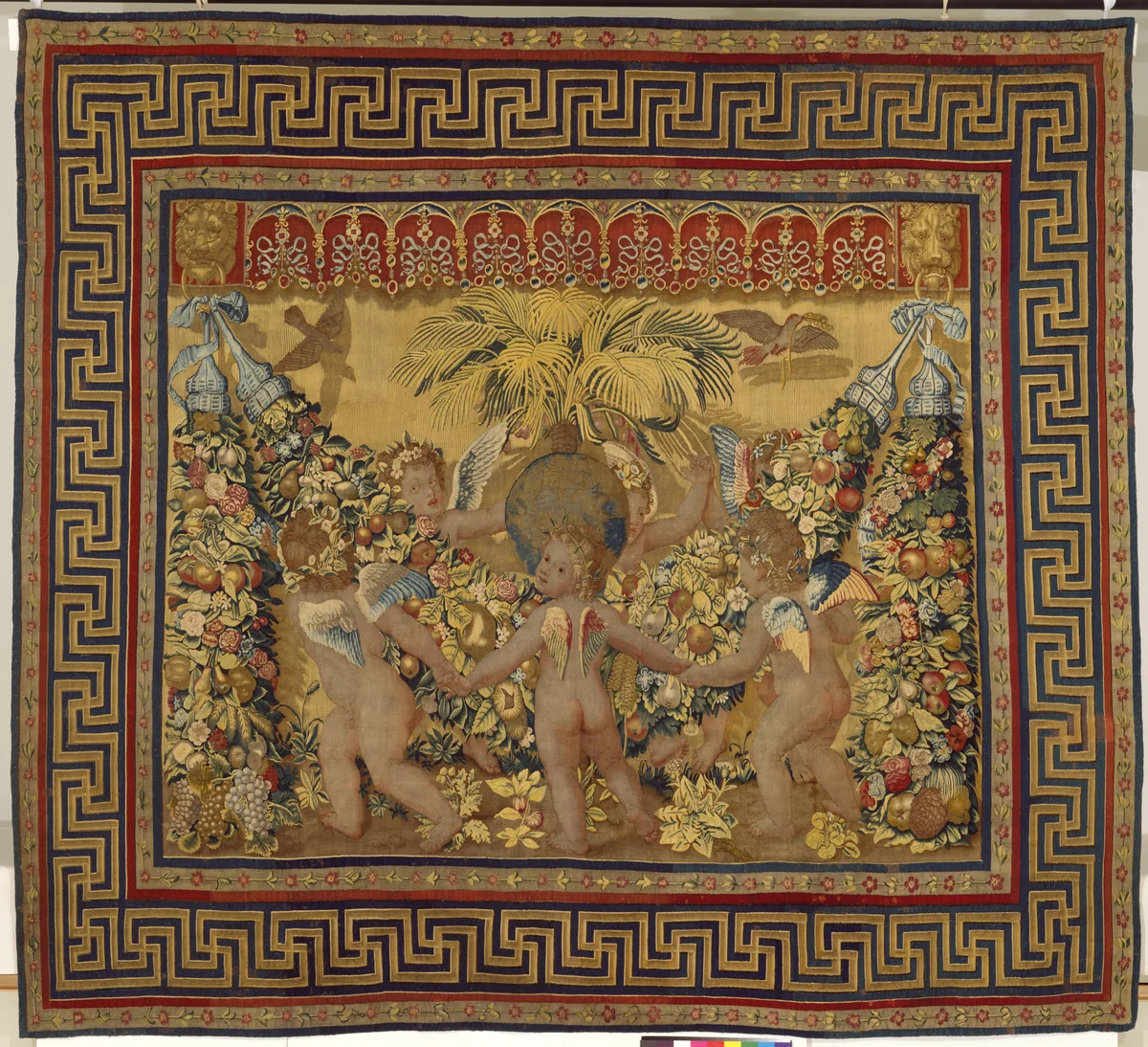 Six Putti Dancing Around a Globe and a Palm from a set of the Giochi di Putti by Giovanni da Udine, textile, 1630-1640