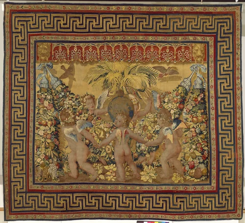Six Putti Dancing Around a Globe and a Palm from a set of the Giochi di Putti by Giovanni da Udine, textile, 1630-1640