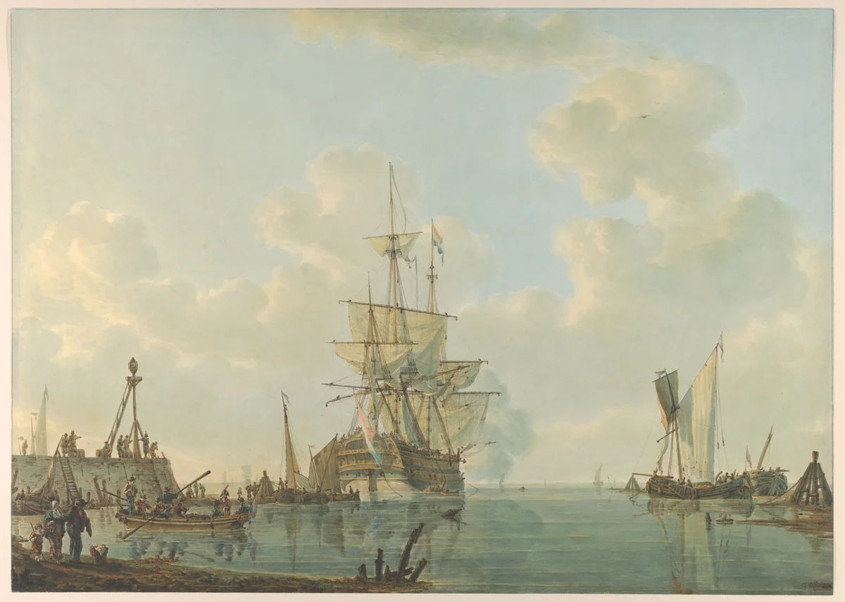 A Man O'War Lying at Anchor by Johannes Christiaan Schotel, drawing, 1807-1838