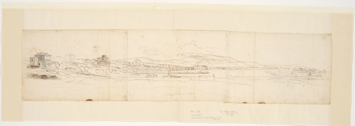 Panorama of the Bay and Cities of Anzio and Nettuno / Verso: Sketches of Anzio, a Fountain and a Boat by Caspar van Wittel, drawing, 1674-1736