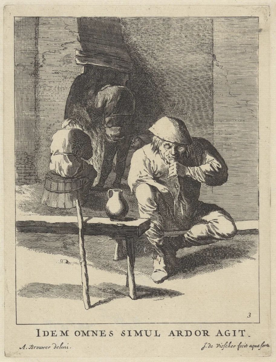 Vier rokende mannen by Jan de Visscher, print, 1643-1692