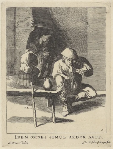 Vier rokende mannen by Jan de Visscher, print, 1643-1692