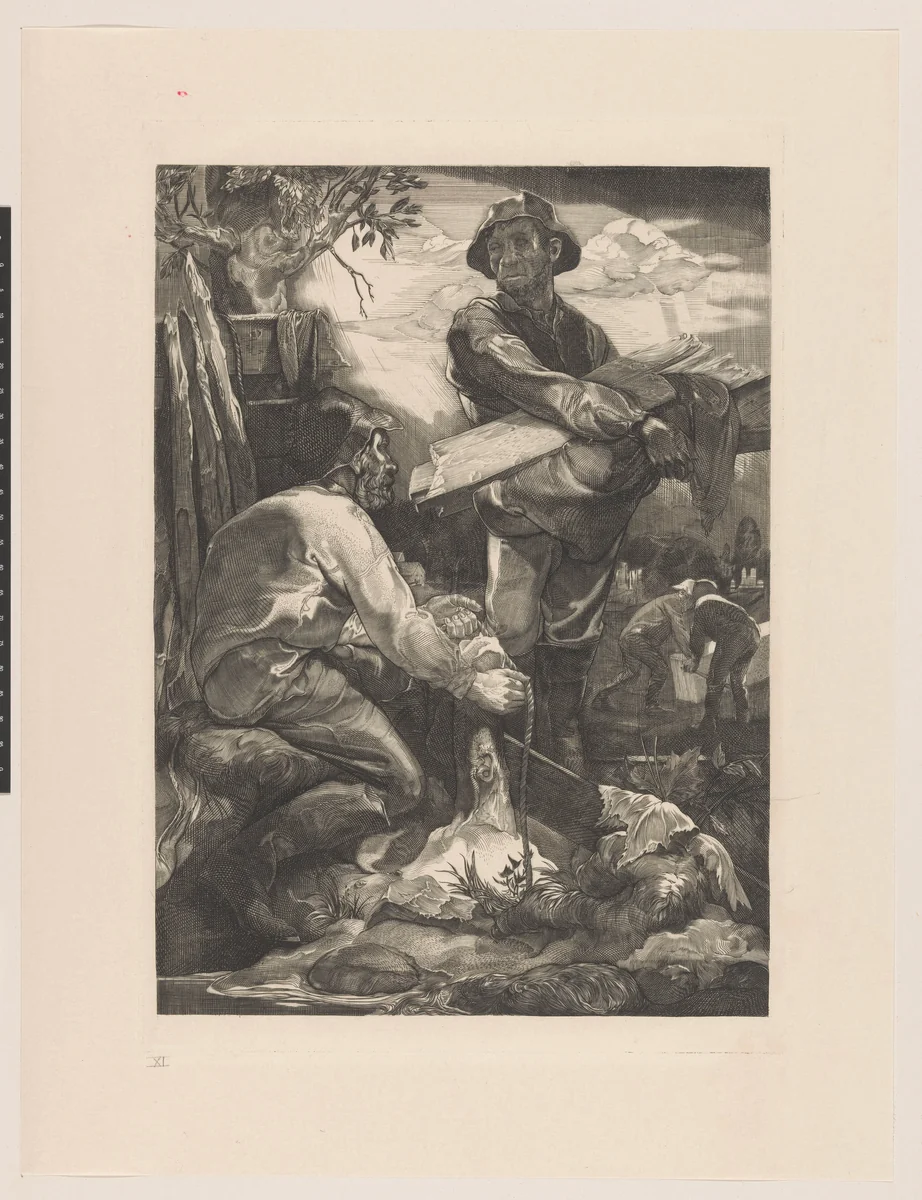 Twee arbeiders met touw en planken by Johannes Josephus Aarts, print, 1881-1934