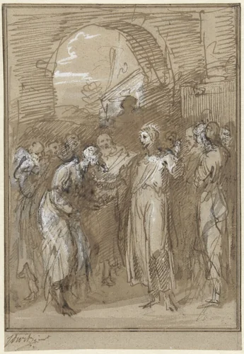 Christus te midden van Farizeeërs voor een poort by Jacob de Wit, drawing, 1705-1754