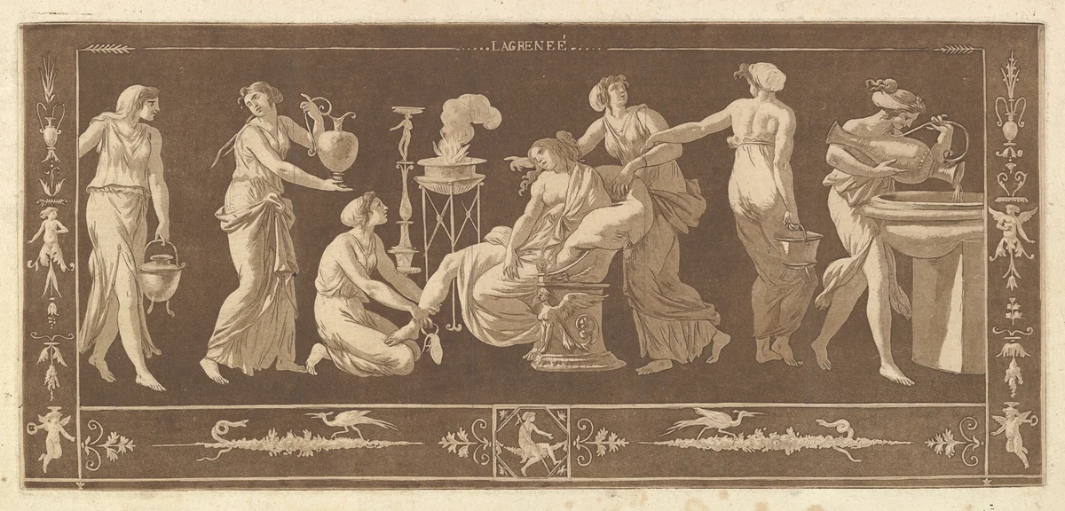 La Toilette de Vénus (The Toilet of Venus), from Recueil de Différentes Compositions Frises et Ornements dessinées et gravées à la manière du lavis par La Grenée le Juene Se trouve chez l'Auteur, au Louvre et chez Basan, rue et Hôtel Serpente A Paris, in an album containing Recueil de Compositions par Lagrenée Le Jeune (Collection of Compositions by Lagrenée the Younger) by Jean Jacques Lagrenée, print, 1784