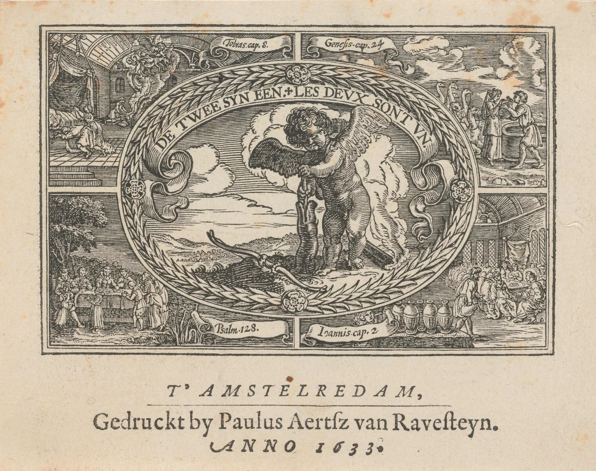 Titelvignet met Cupido die een twijg ent by anonymous, print, 1633